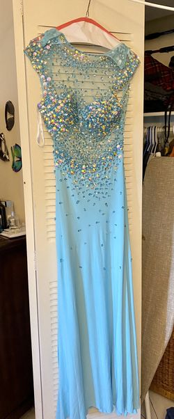 Stunning Party Cocktail Dress Baby Blue With Heavily Worked Iridescent Stone All Over Top