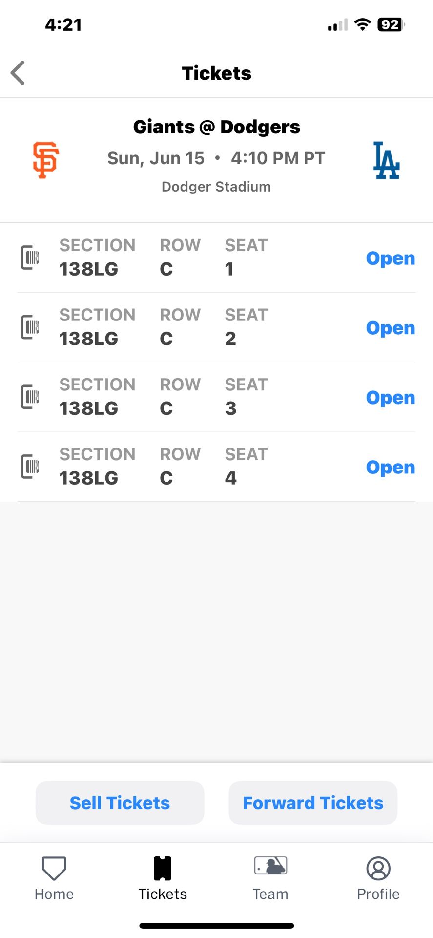 4 Dodger Tickets (Fathers Day) 6/15/2025