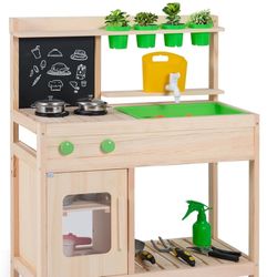 Mud Kitchen, Wooden Toddler Pretend Cooking Playset w/Runing Water, Blackboard, Water Tank, Faucet, Removable Sink, 4 Planting Pots & Stoves, Outdoor 