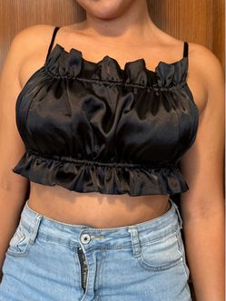 Black Satin Ruffle Crop Top
