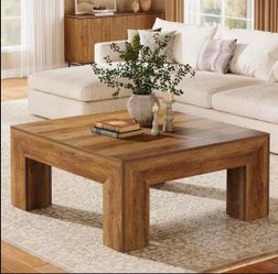 39.4-Inch Square Coffee Table for Living Room, Farmhouse Wooden Center Cocktail Table, Rustic Brown.