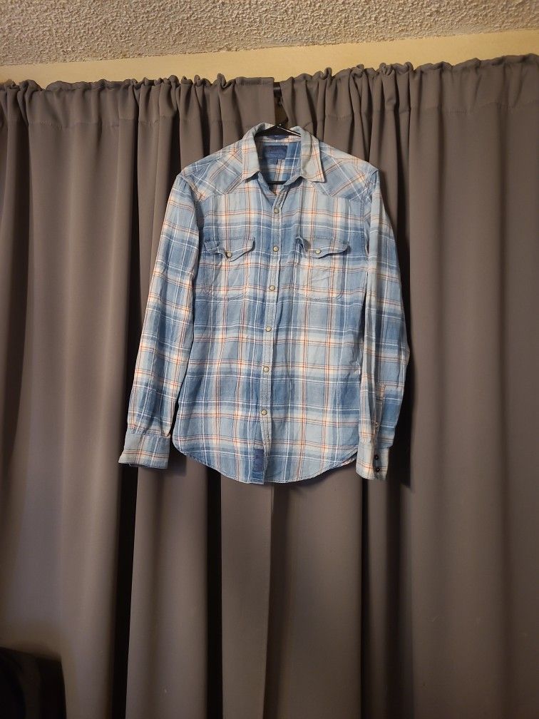 Lucky Brand Mens Small Western Plaid Flannel Shirt Cowboy Pearl Snaps