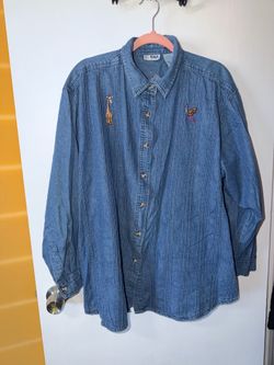 VJ Woman Denim Button-Up Shirt with Animal Embroidery