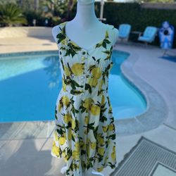 XL Yellow Lemon Print 1950s Homecoming A-line Retro Party Cocktail Dress Pinup Summer
