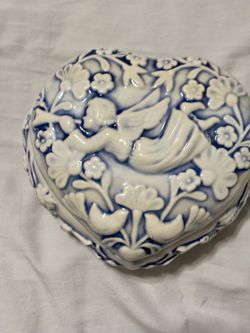Vintage Blue and White Ceramic Heart-Shaped Trinket Box