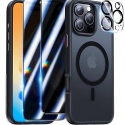 Meifigno Magnetic Shockproof Case for iPhone 16 Pro Black "6.3", with 2X Privacy Screen Protectors, 1X Lens Protector, Compatible with MagSafe