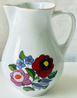 Vintage Kalocsa Hungary Hand-painted Porcelain Pitcher, Folk Art Floral Design, Gold Trim, Perfect Condition