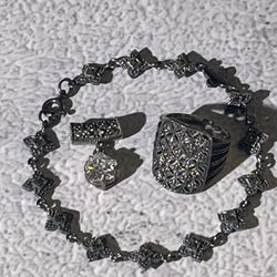 925 Stamped Sterling Silver Marcasite Jewelry Set – Ring, Bracelet & Pendant