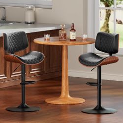 Modern Swivel Bar Stools Set Of 2, Adjustable Pu Leather Upholstered Counter Height Barstools With Backrest And Footrest For Bar, Kitchen Island, Dini