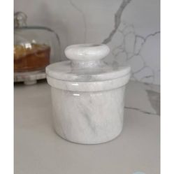 French White Marble Butter Bell Crock Keeper Holder, New with Box