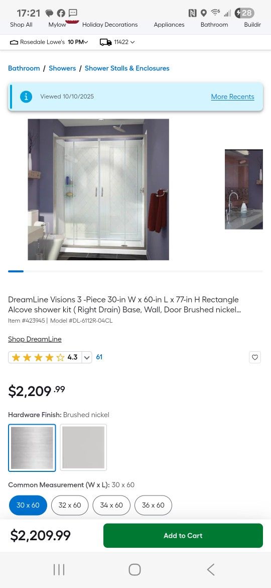 DreamLine Visions 3 -Piece 30-in W x 60-in L x 77-in H Rectangle Alcove shower kit ( Right Drain) Base, Wall, Door Brushed nickel Hardware Included
It