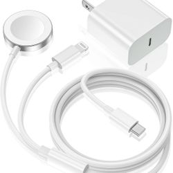 Upgraded 2-in-1 USB C Fast iPhone Watch [Apple MFi Certified] 6FT Magnetic Charging Cable with 15W Wall Charger Block for iWatch Series SE/8/7/6/5/4/3