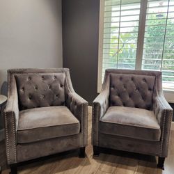 2 Studded Gray Tufted Armchairs