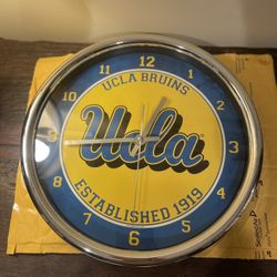 UCLA Clock Blue And Yellow, Silver Trim  12 Inch Diameter 