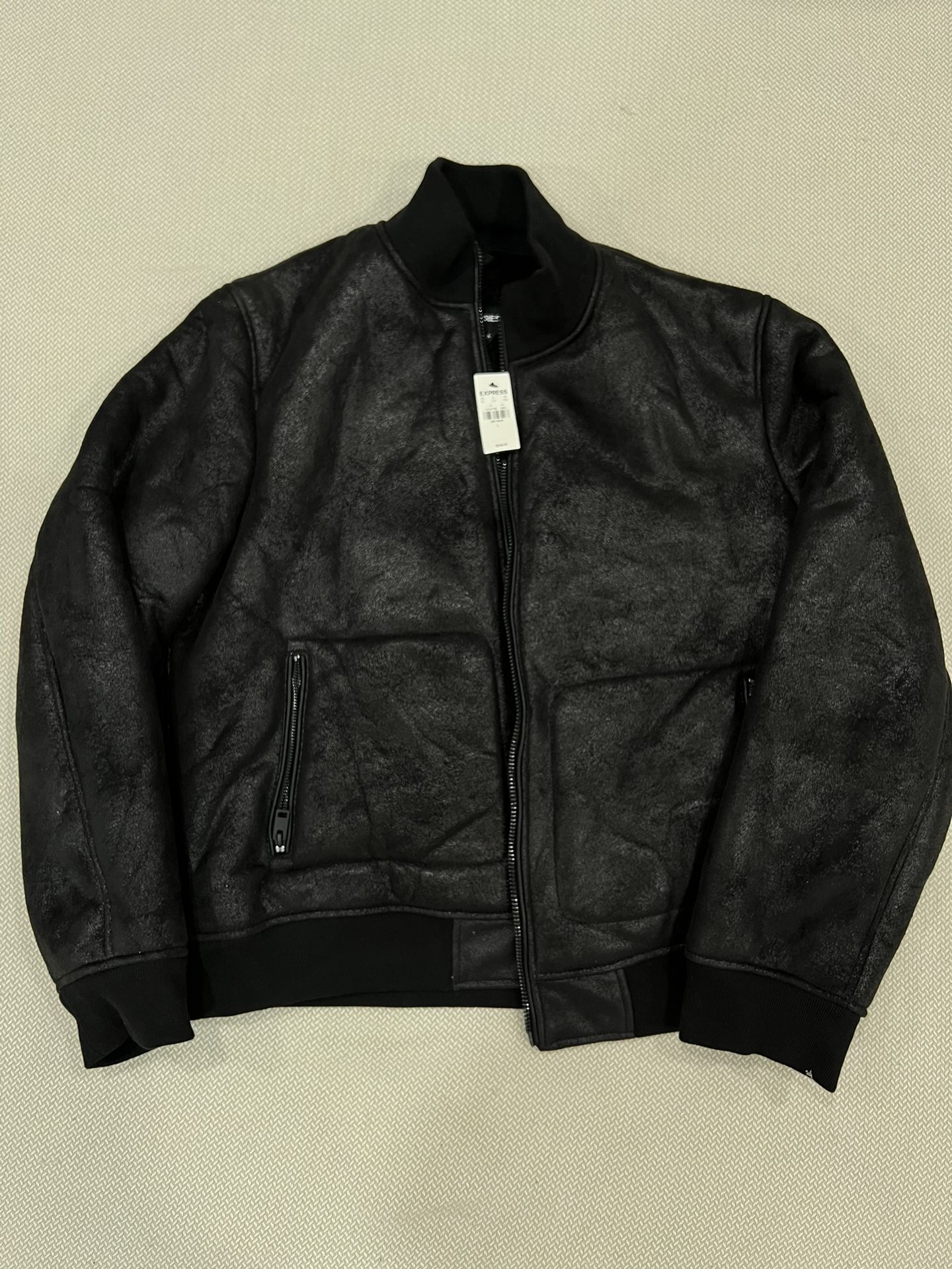 Black Faux Leather Sherpa Lined Bomber Jacket Size L