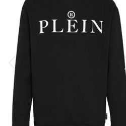 Philipp Plein Cotton fleece unisex crewneck. The brand lettering print decorates the garment. The saffian leather PP Hexagon patch is sewn on the yoke