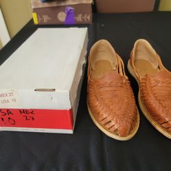 pair of brown woven leather Mexican huarache sandals