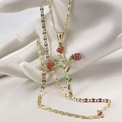 Cruz con Rosa y Cadena Oro Laminado 14k/Cross with Rose and Chain Gold plated 14k