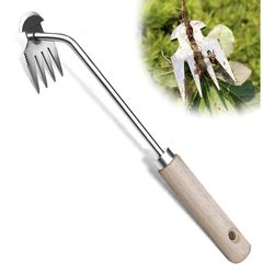 Manual Weed Puller Tool, 4-Claw Steel Head, Wooden Handle, Hand Garden Weeder