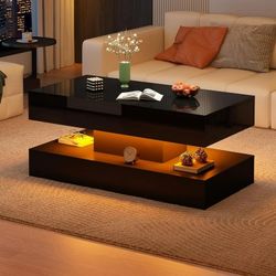 39.37" Black LED Coffee Table with 2 Storage Drawers, Modern High Gloss Coffee Table with 20 Colors LED Lights & APP Control, 2 Tiers Rectangle Coffee