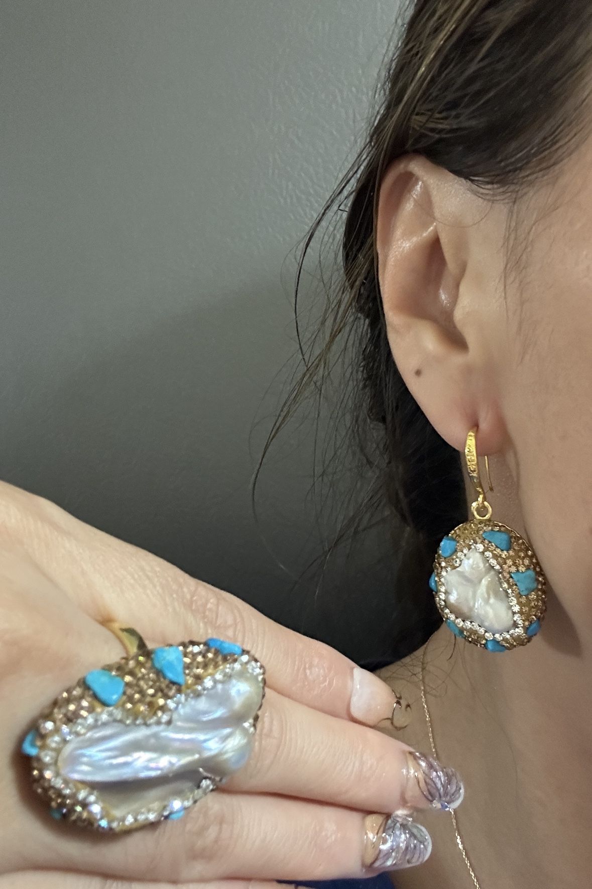 Stunning Baroque BoHo Court-style Turquoise and Cubic Zirconia Earrings/Ring