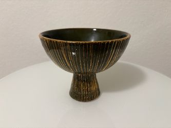 Vintage Italian Pottery Pedestal Bowl Green Gold