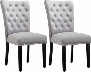 Velvet Dining Kitchen Chair Set of 2, Parsons Upholstered Dining Room Chair, Wood Accent Chair with Nailed Trim, Grey