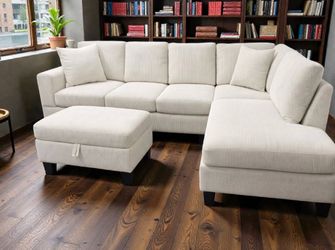 Brand new ivory color corduroy Sectional Sofa with storage ottoman and 2 accent pillows