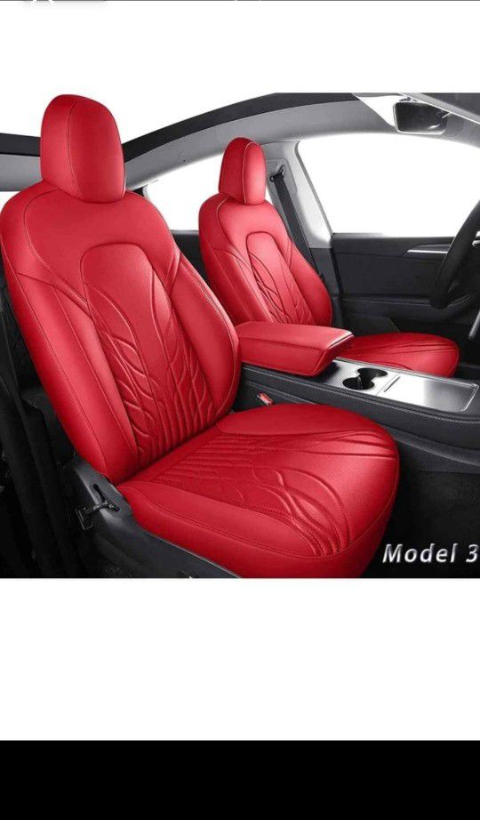 Tesla Model 3 Seat Covers Red, Full Coverage Waterproof Leather Front & Rear Car Seat Cover, Full Set, Custom Fit for Tesla Model 3