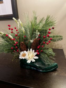 Christmas Floral Arrangement Fresh Evergreens Silk Vintage Pixie Boot