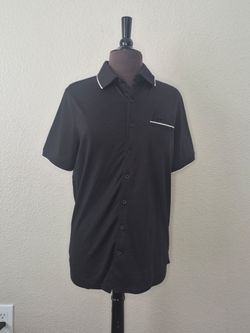 Awearness Kenneth Cole Mens Medium Black Short Sleeve Button Up Polo Shirt EUC