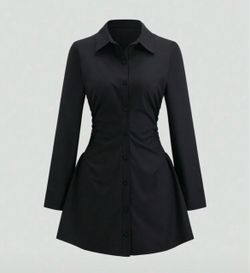 Sweetra Solid Color Ruched Fitted Women Shirt Dress Fall Cloth
