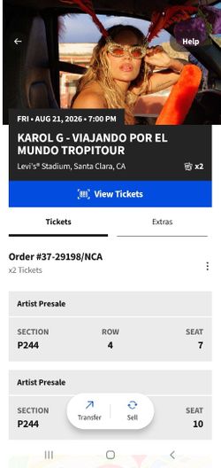 2 Karol G Tickets (Santa Clara CA)
