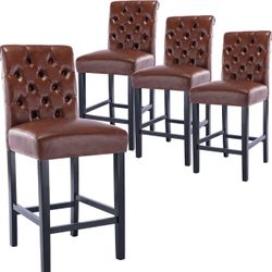 628 Counter Height Bar Stools Set of 4 Tufted Leather barstools Mid Century Wood Bar Stools with Back for Kitchen Island Indoor, Brown