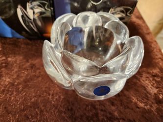 Pair of New Large glass candle holders, Royal Copenhagen DENMARK Heavy Crystal LOTUS 