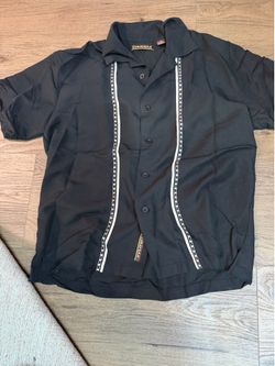 Men’s Cubavera black button-up shirt with white vertical stripes and black-and-white checkered trim, size M. Cotton & polyester blend. #cuban #checker