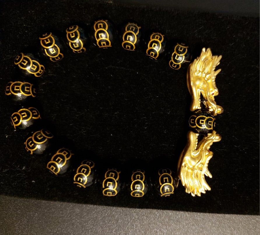 24k Gold Dragon Heads Agate Bracelet Real (Stamped 999) Brand New