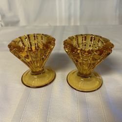 Viking Glass Amber Deco Candle Holders