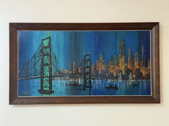 Vintage Mid-Century Modern Oil Painting – Bridge & Skyline Night Scene – 29” × 53” – 1960s/70s