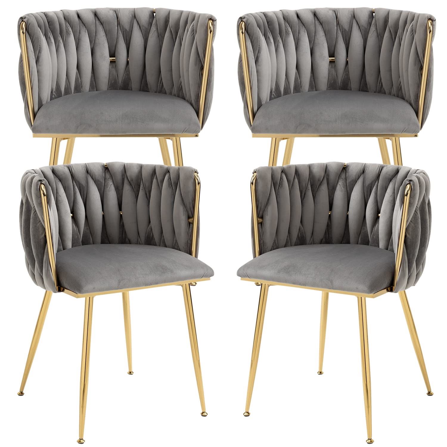 Velvet Dining Chairs Set of 4, Woven Upholstered Dining Chairs with Gold Metal Legs, Modern Accent Chairs for Living Room, Dining Room, Kitchen (Grey)