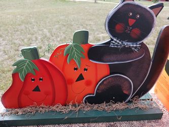 Black Cat And Pumpkins Halloween Wood Decor