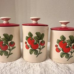 Vintage Ceramic Strawberry Kitchen Canisters - Set Of 3
