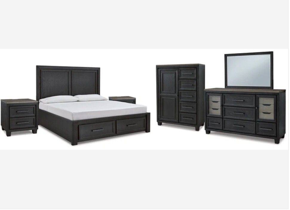 Foyland King Panel Storage Bed with Mirrored Dresser, Chest and 2 Nightstands in Black/Brown