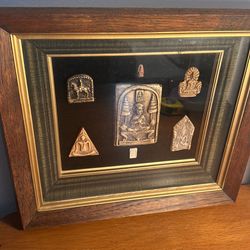 Vintage Shadow Box Clay Buddhism  ,Blessed Amulets/ Ready to hang on display .