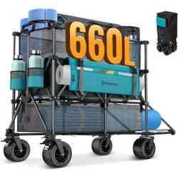 ☆ FUNDANGO Double Decker Wagon with High Extender & Tailgate, 660L XXL Foldable Collapsible Double Wagons, Heavy Duty Grocery Cart with All-Terrain Wh