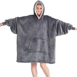 Oversized Microfiber & Sherpa Wearable Blanket Hoodie With Pocket One Size Fits All (Gray)