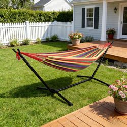 Double Brazilian Cotton Hammock with Space Saving Steel Stand