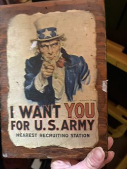 This is a distressed wooden sign reproduction of the iconic "I Want You for U.S. Army" recruitment