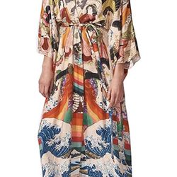 Women's geometry Print loose Open Front Soft long kimono cardigans