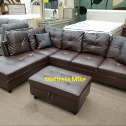 New Box Espresso Faux Leather Sectional Pillows Storage Ottoman Living Room Set Special